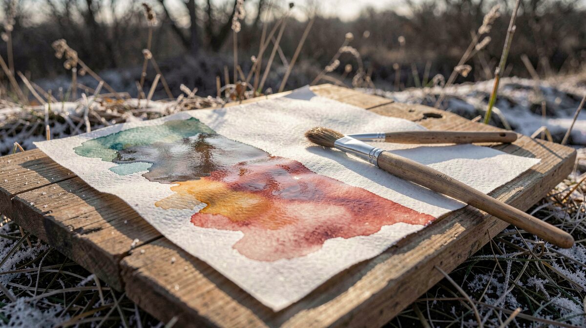 A stretched watercolour sheet on a wooden board outdoors in cold dry wind, one wash half matte and half glossy, a round brush resting on the paper, low afternoon light raking across the tooth.
