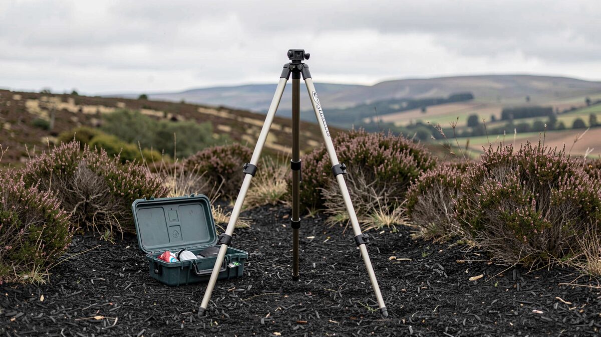 A tripod planted on dark peat beside a low heather ridge in the Scottish Borders, three legs spread wide, a filter case open on the ground, flat overcast light and a distant line of hills behind.